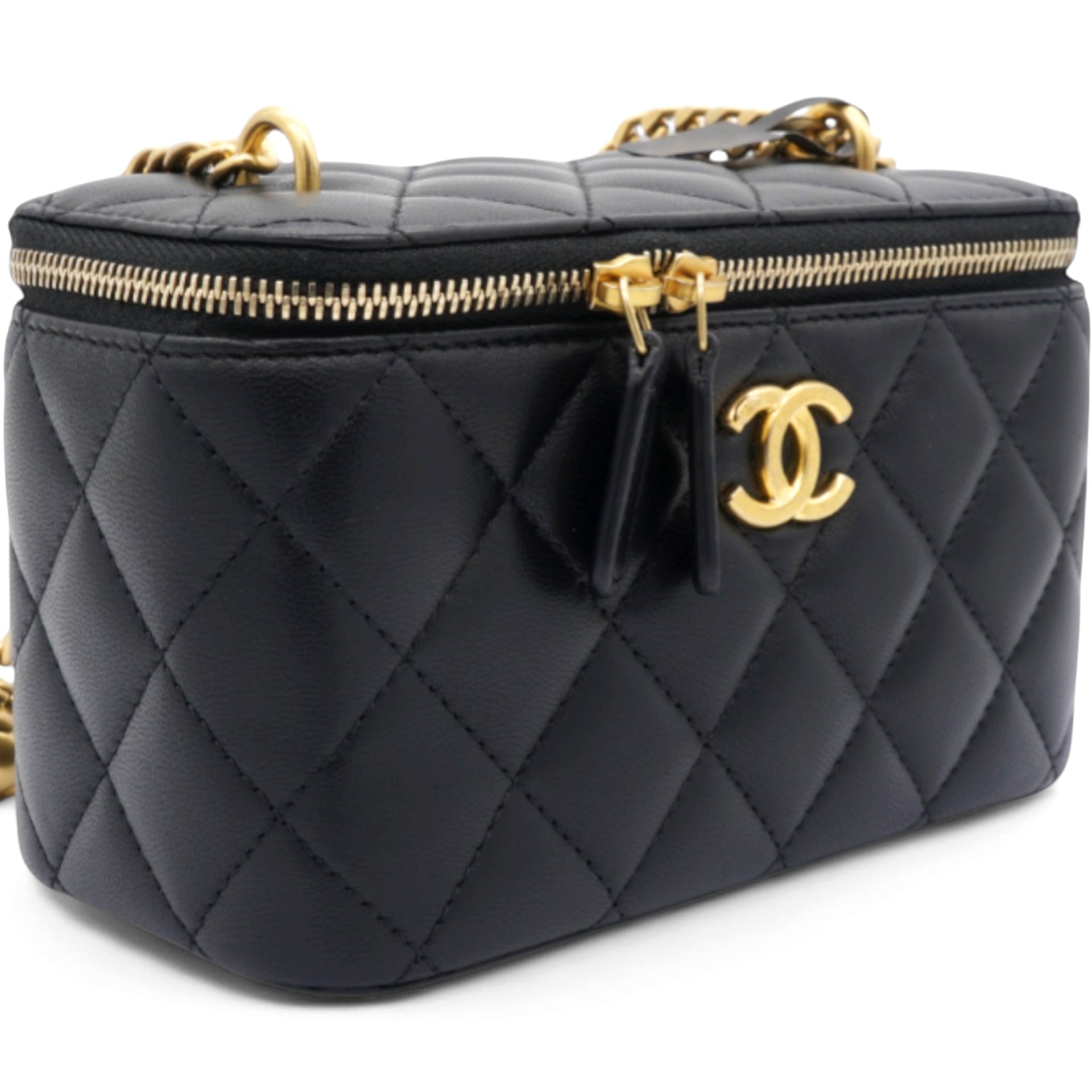 Chanel Lambskin Quilted Sweet Camellia Small Vanity Case With Chain Black 
