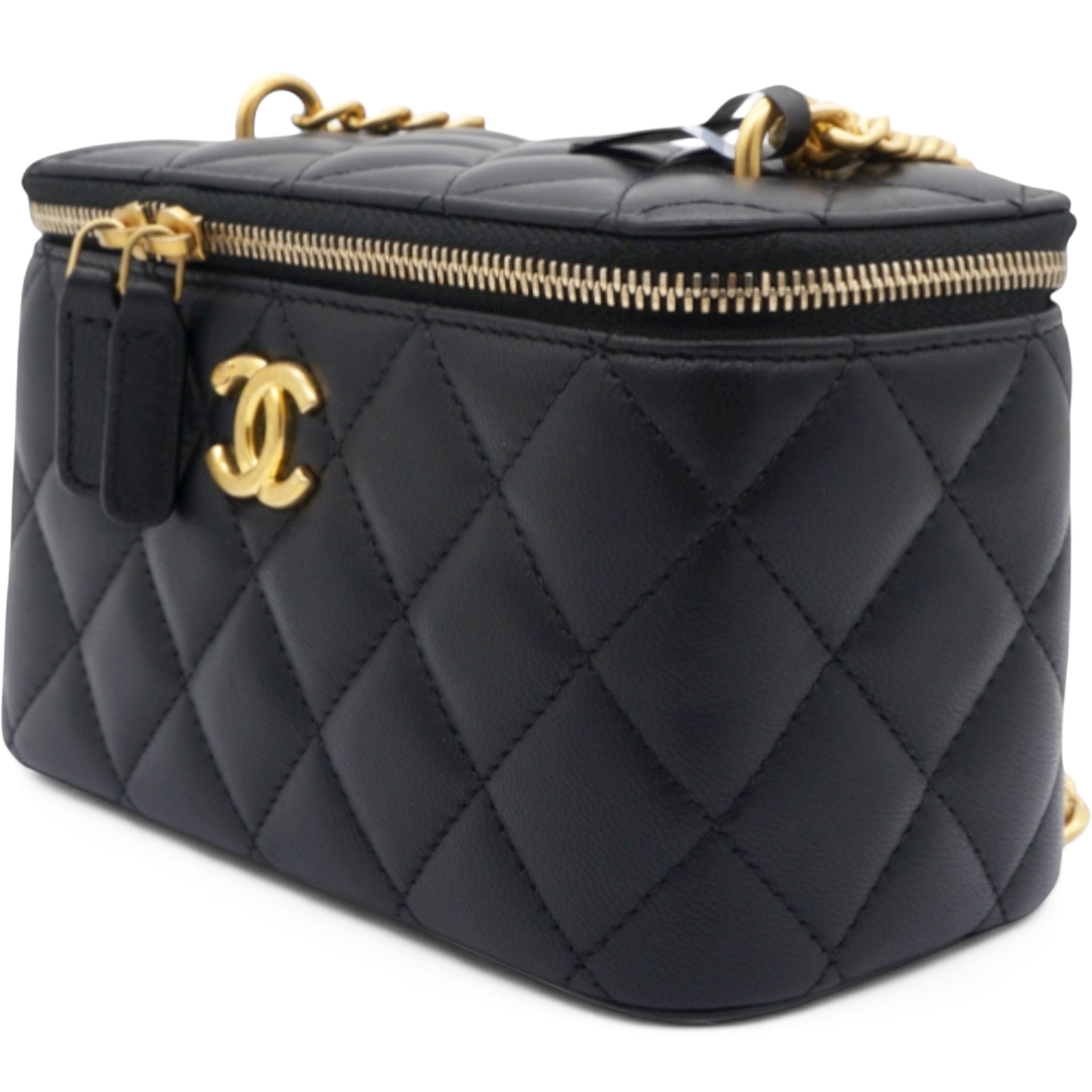 Chanel Lambskin Quilted Sweet Camellia Small Vanity Case With Chain Black 