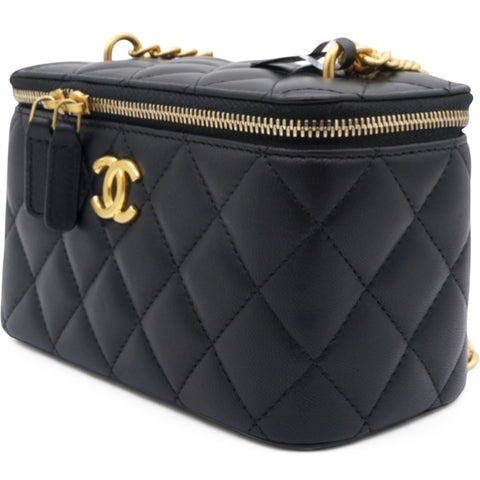 Chanel Lambskin Quilted Sweet Camellia Small Vanity Case With Chain Black 