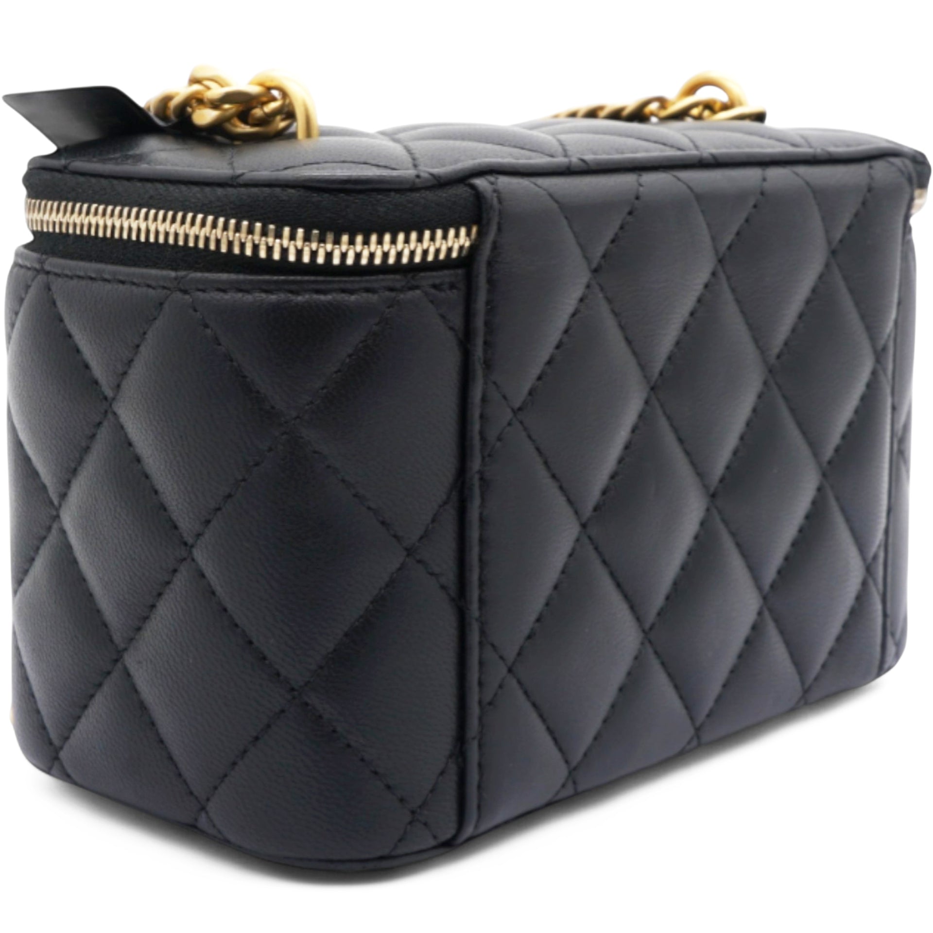 Chanel Lambskin Quilted Sweet Camellia Small Vanity Case With Chain Black 