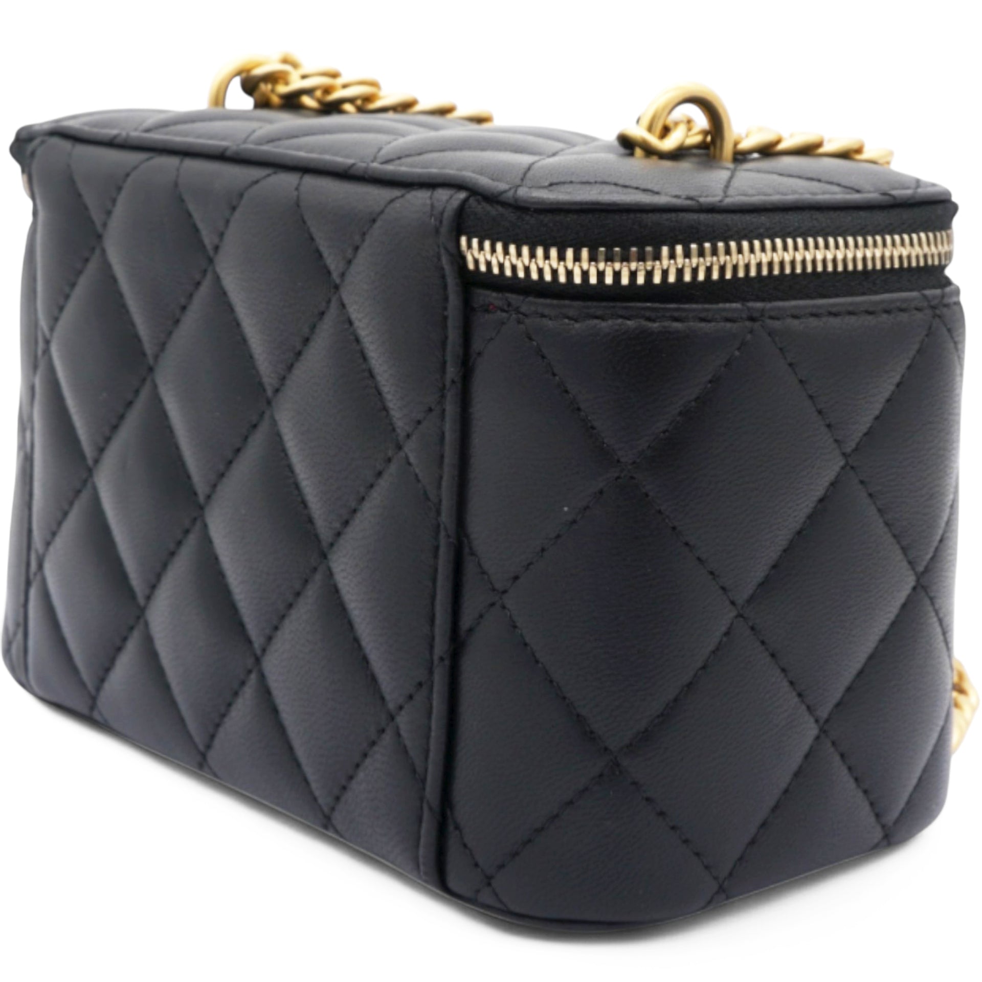 Chanel Lambskin Quilted Sweet Camellia Small Vanity Case With Chain Black 