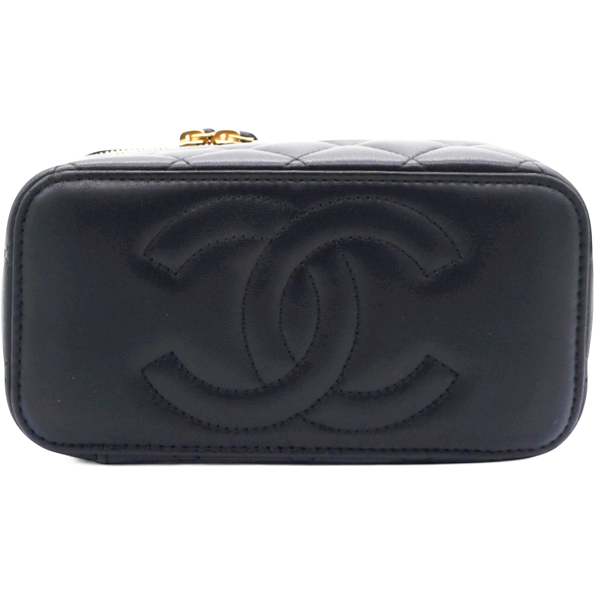 Chanel Lambskin Quilted Sweet Camellia Small Vanity Case With Chain Black 