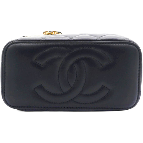 Chanel Lambskin Quilted Sweet Camellia Small Vanity Case With Chain Black 