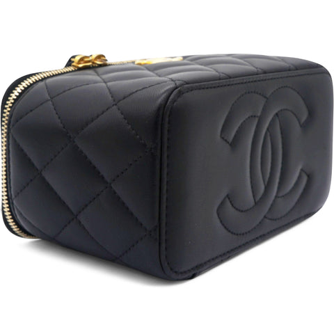 Chanel Lambskin Quilted Sweet Camellia Small Vanity Case With Chain Black 