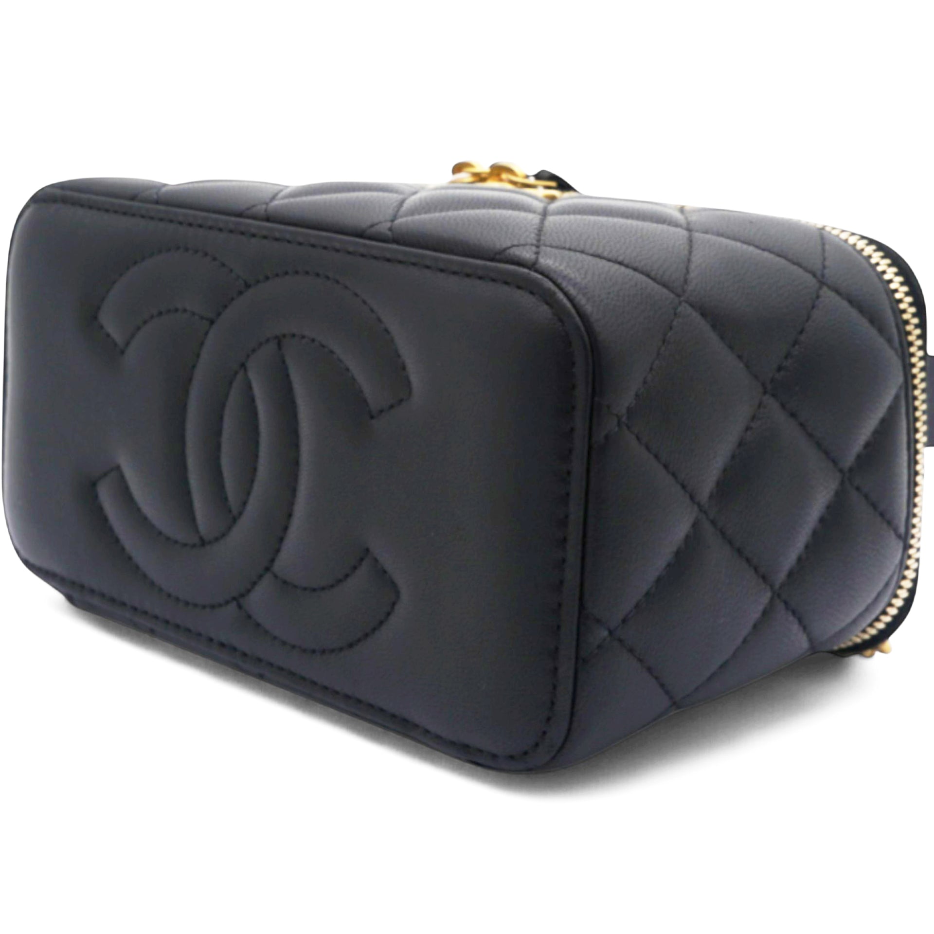 Chanel Lambskin Quilted Sweet Camellia Small Vanity Case With Chain Black 