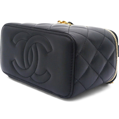 Chanel Lambskin Quilted Sweet Camellia Small Vanity Case With Chain Black 