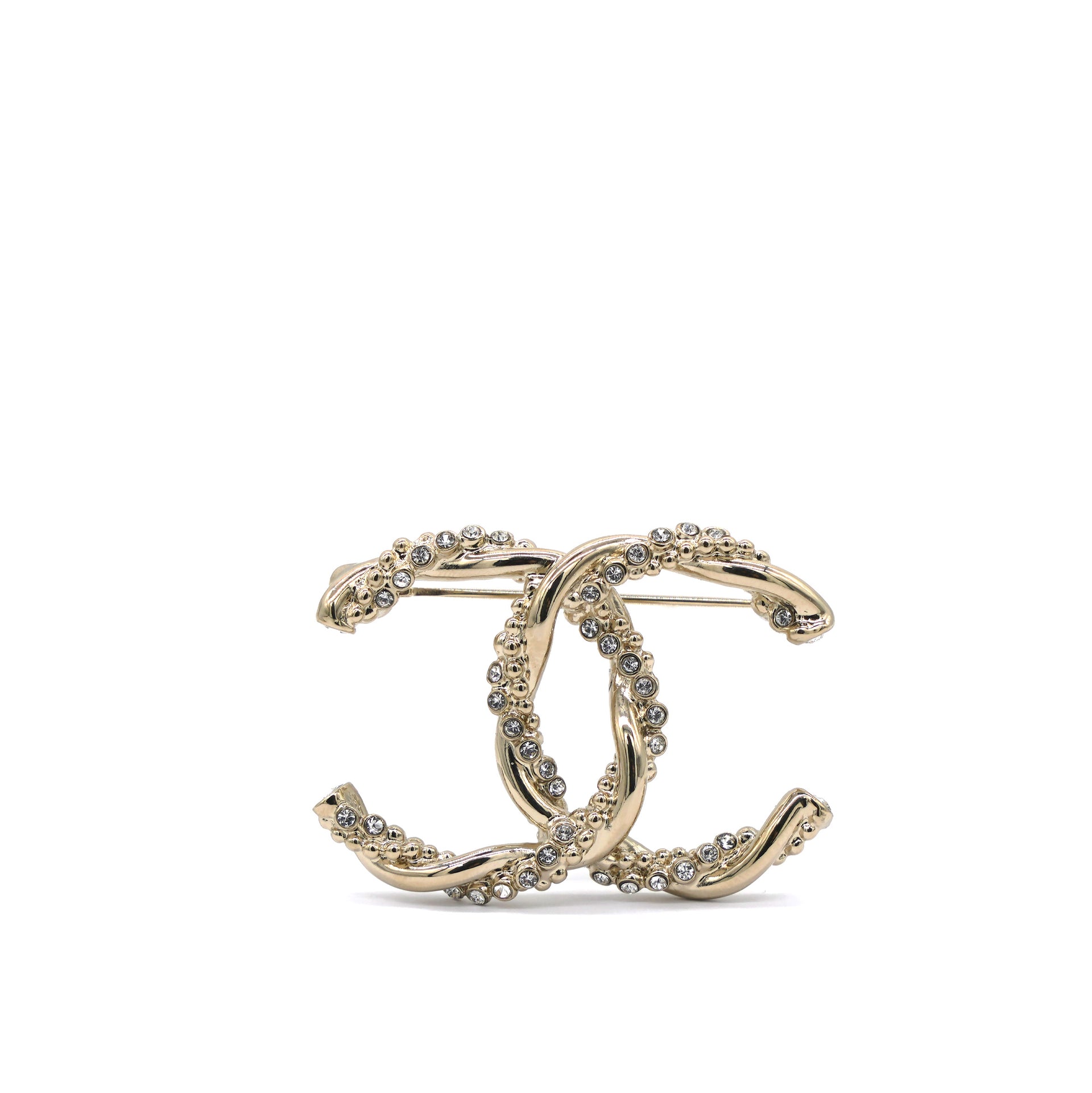 Chanel Metal Crystal Twisted CC Brooch Light Gold 