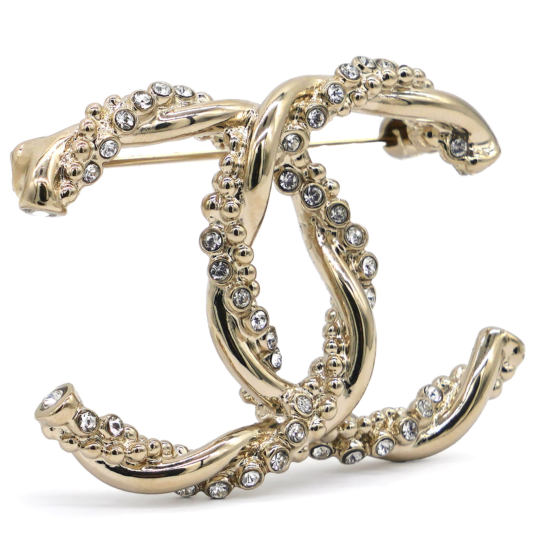 Chanel Metal Crystal Twisted CC Brooch Light Gold 