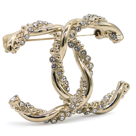 Chanel Metal Crystal Twisted CC Brooch Light Gold 