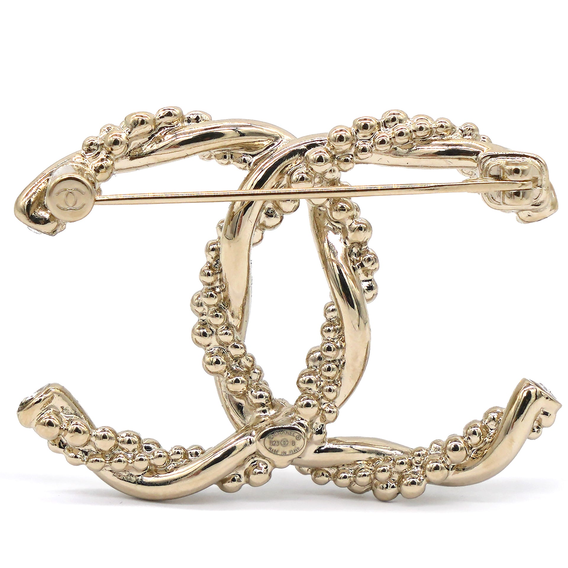Chanel Metal Crystal Twisted CC Brooch Light Gold 