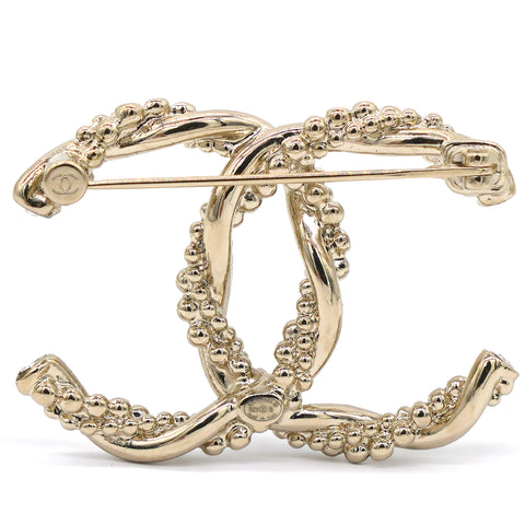 Chanel Metal Crystal Twisted CC Brooch Light Gold 
