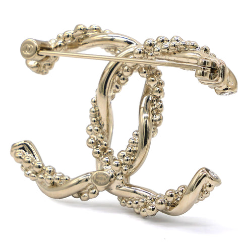 Chanel Metal Crystal Twisted CC Brooch Light Gold 
