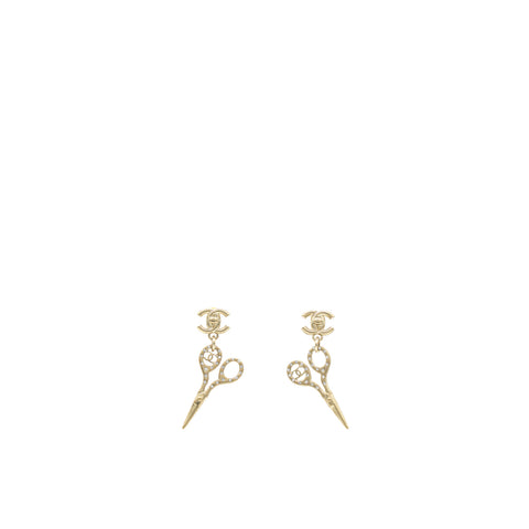 Chanel Metal Strass Crystal Scissors CC Earrings Gold 