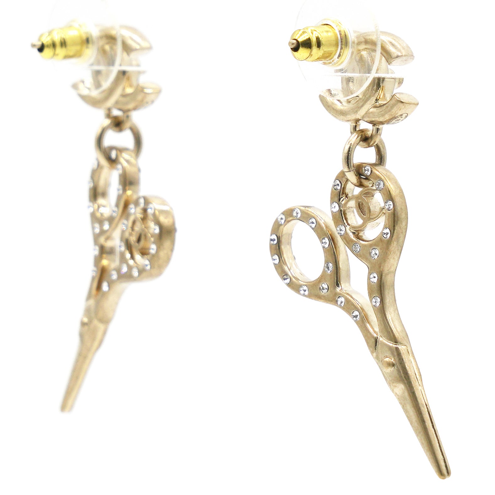 Chanel Metal Strass Crystal Scissors CC Earrings Gold 