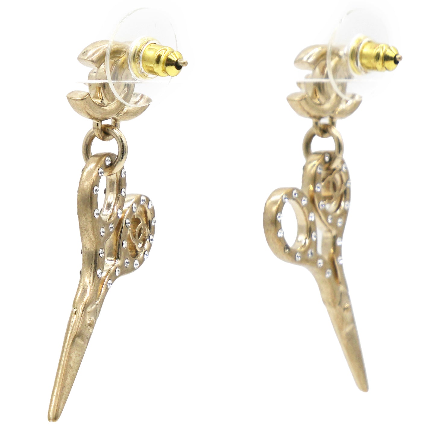 Chanel Metal Strass Crystal Scissors CC Earrings Gold 