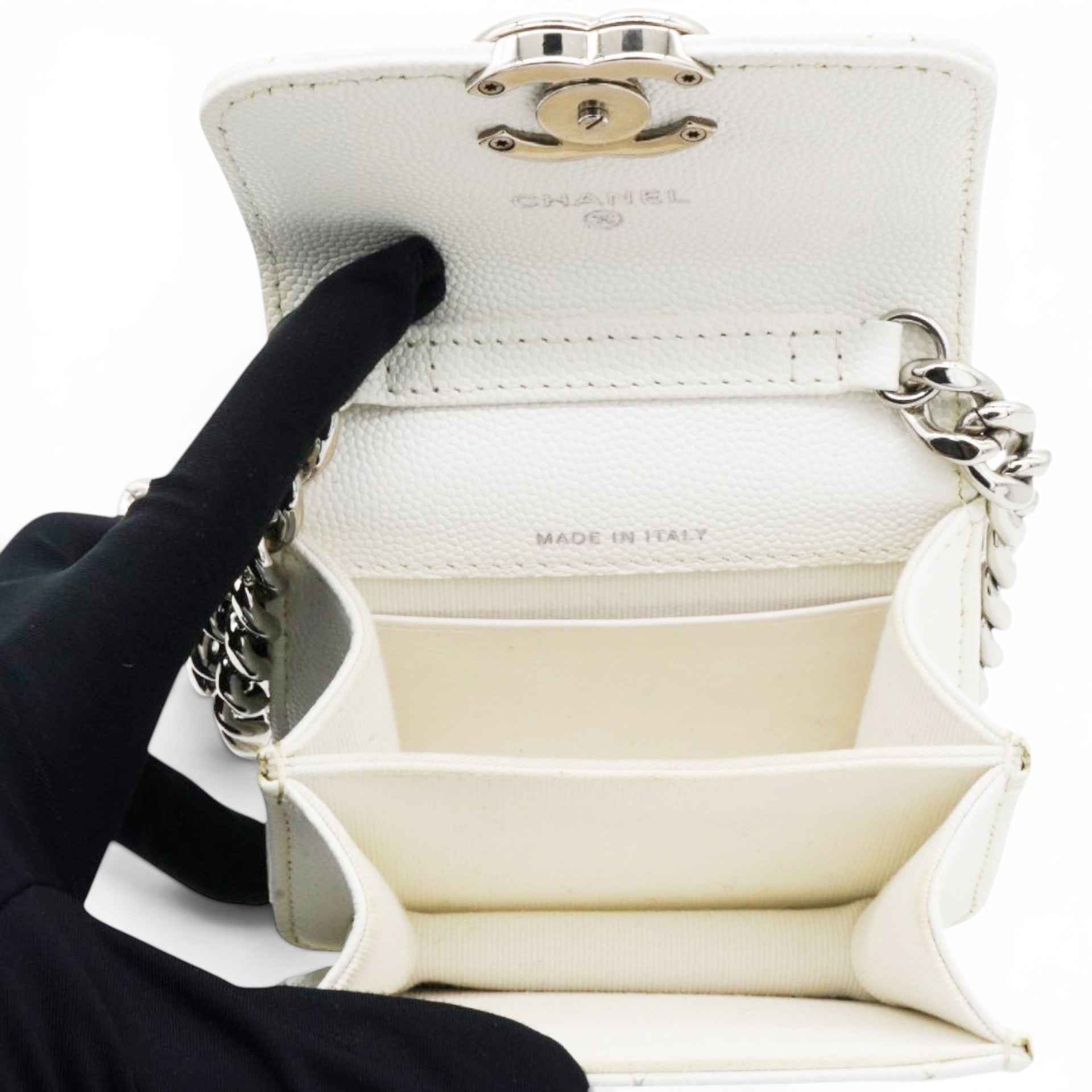 Chanel Micro Caviar Quilted Card Holder On Chain White 