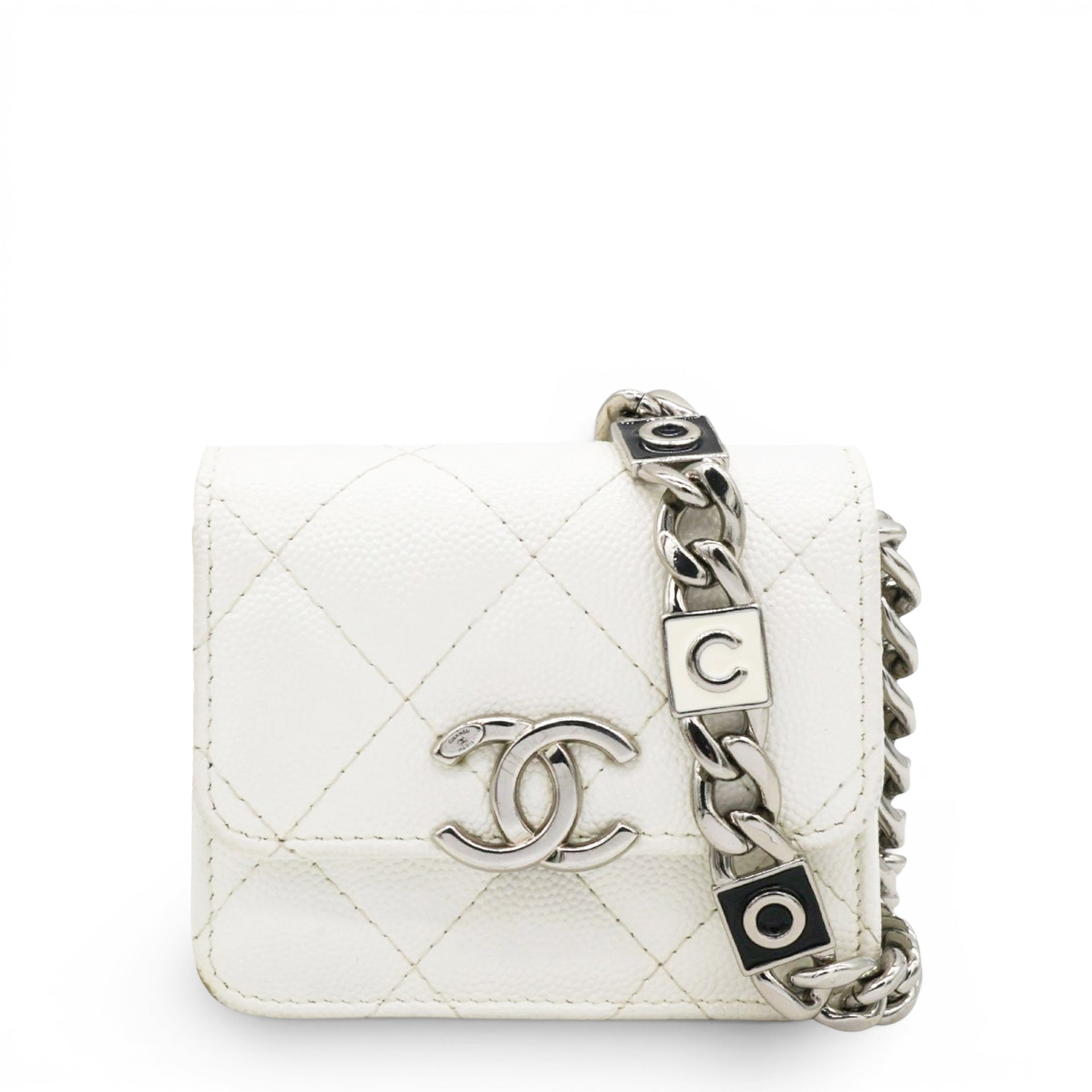 Chanel Micro Caviar Quilted Card Holder On Chain White 
