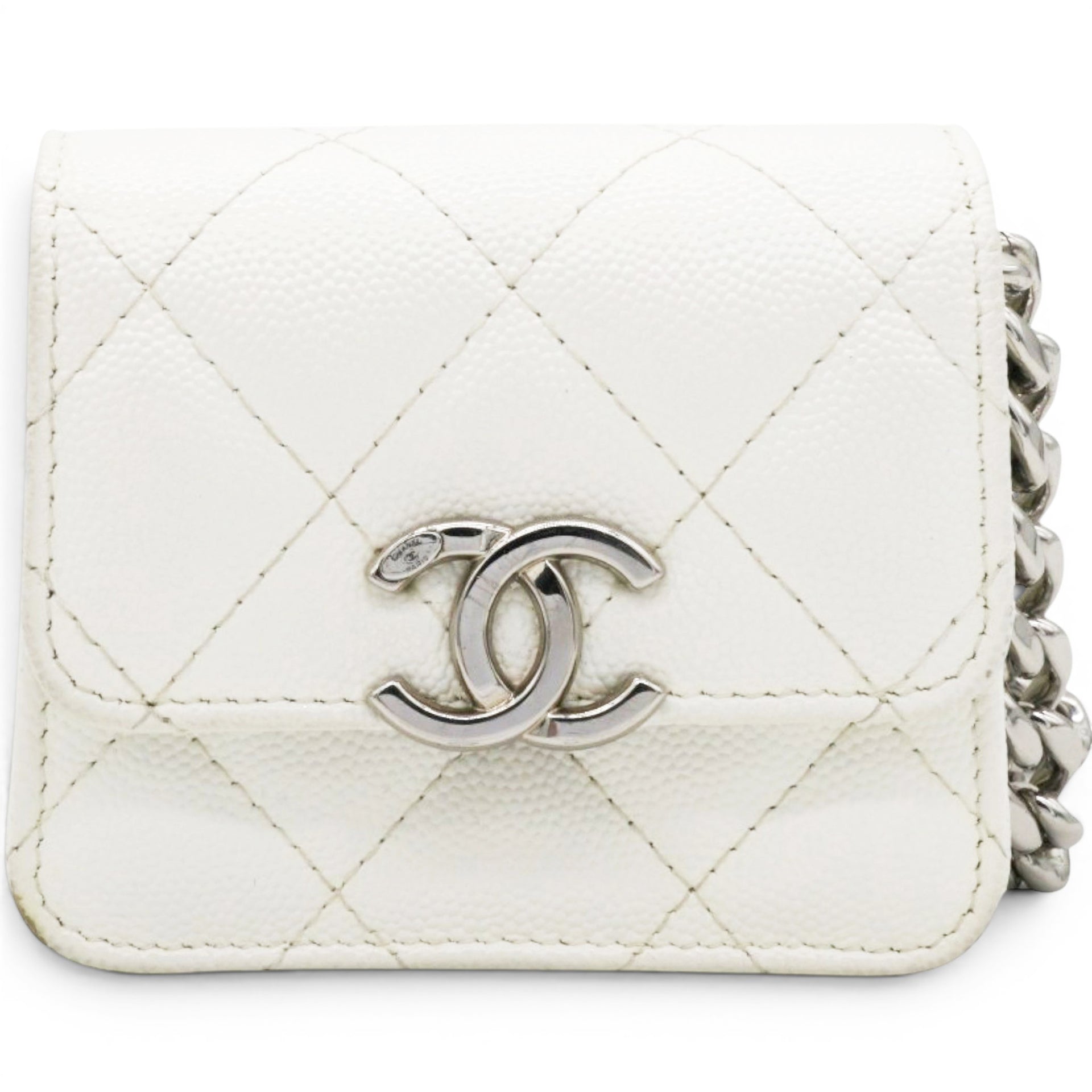 Chanel Micro Caviar Quilted Card Holder On Chain White 