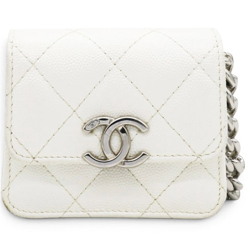 Chanel Micro Caviar Quilted Card Holder On Chain White 