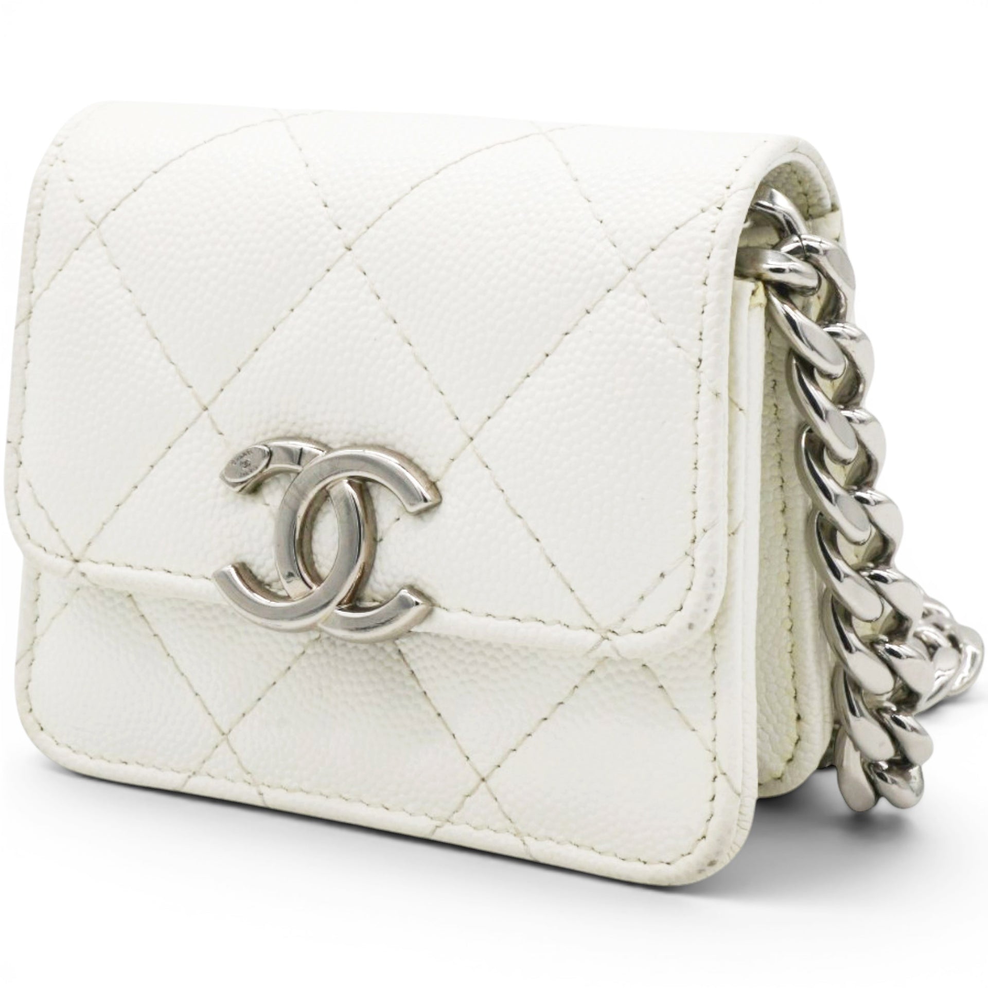 Chanel Micro Caviar Quilted Card Holder On Chain White 