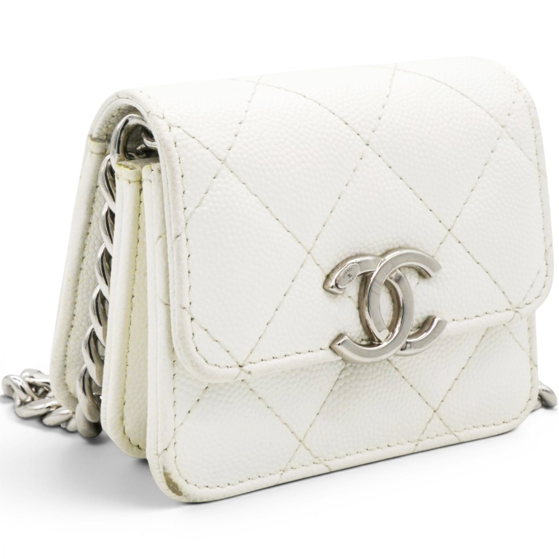 Chanel Micro Caviar Quilted Card Holder On Chain White 