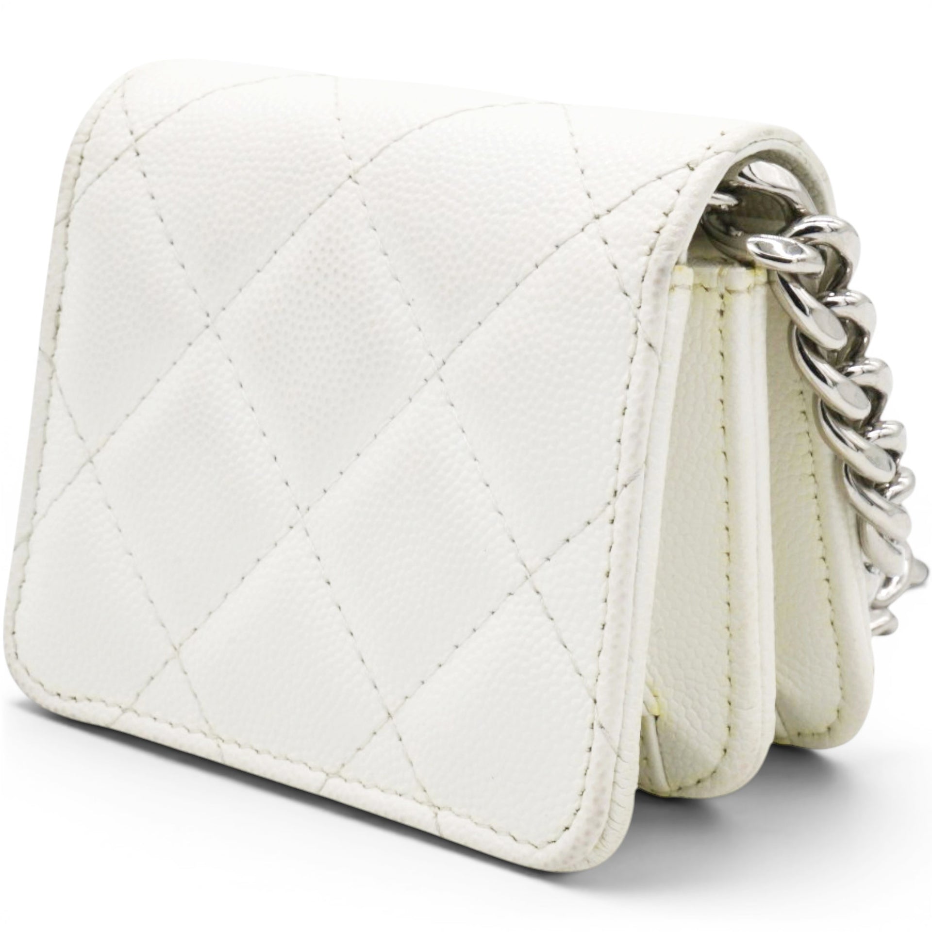 Chanel Micro Caviar Quilted Card Holder On Chain White 