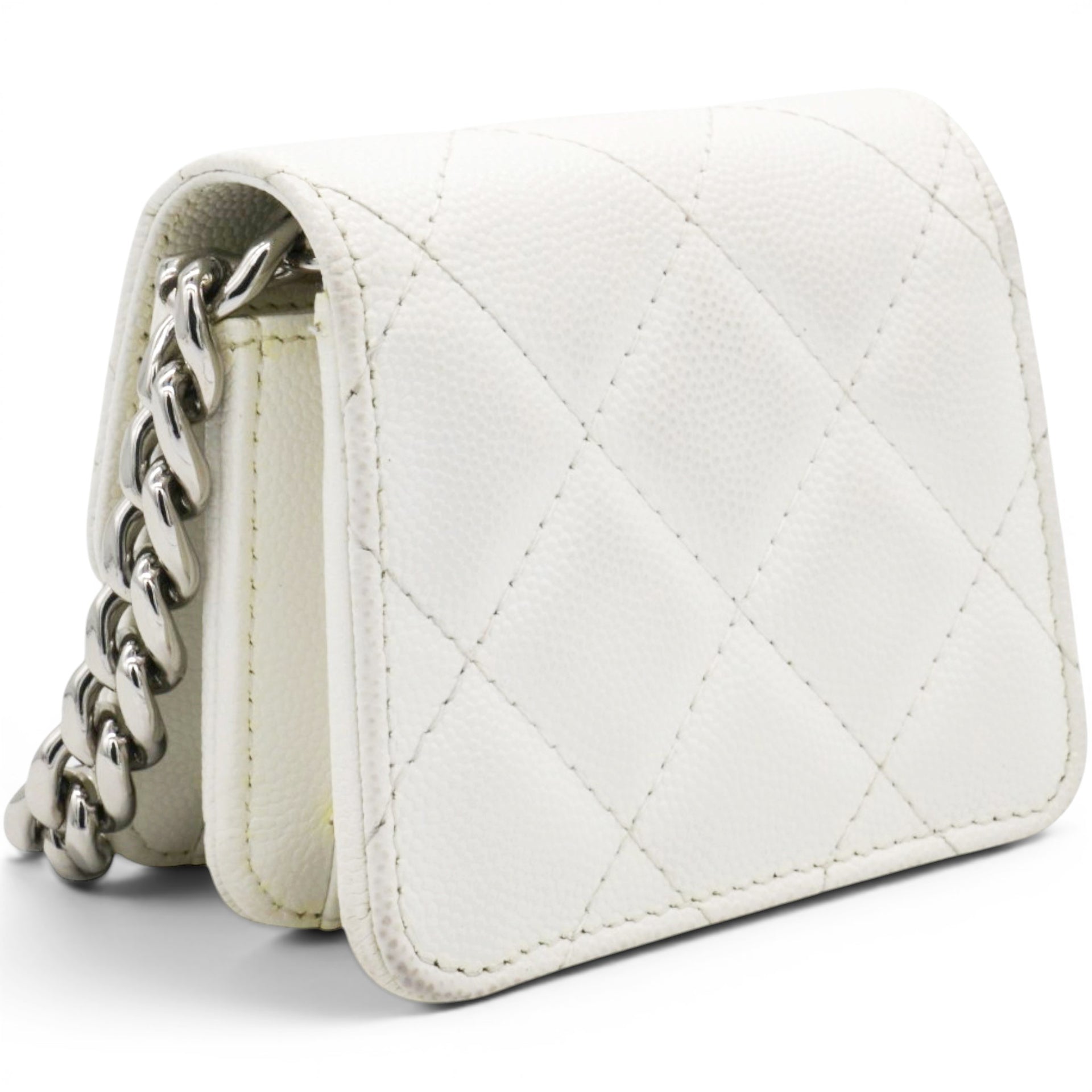 Chanel Micro Caviar Quilted Card Holder On Chain White 