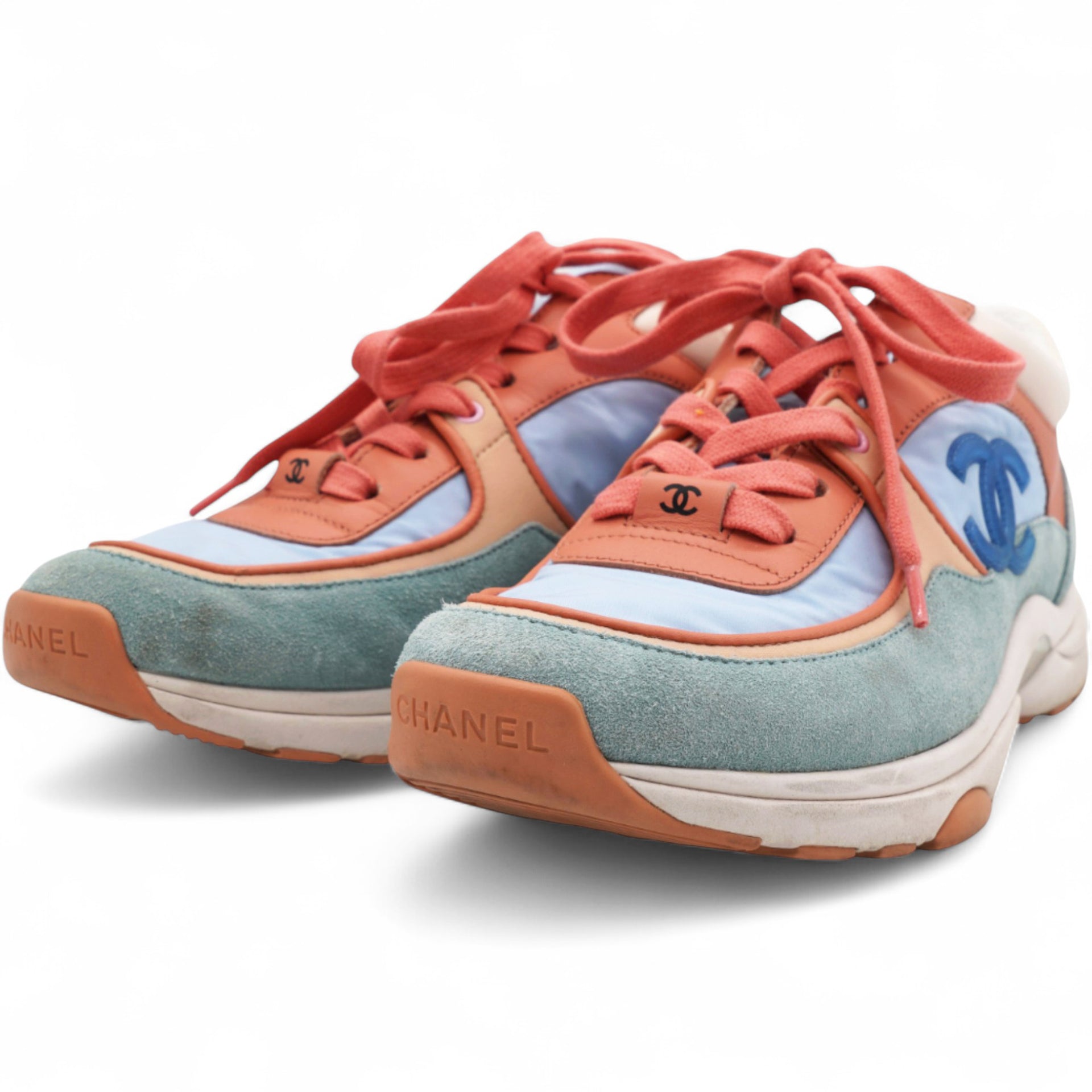 Chanel Nylon Lambskin Suede Leather CC Sneakers Coral Light Blue White Size37 