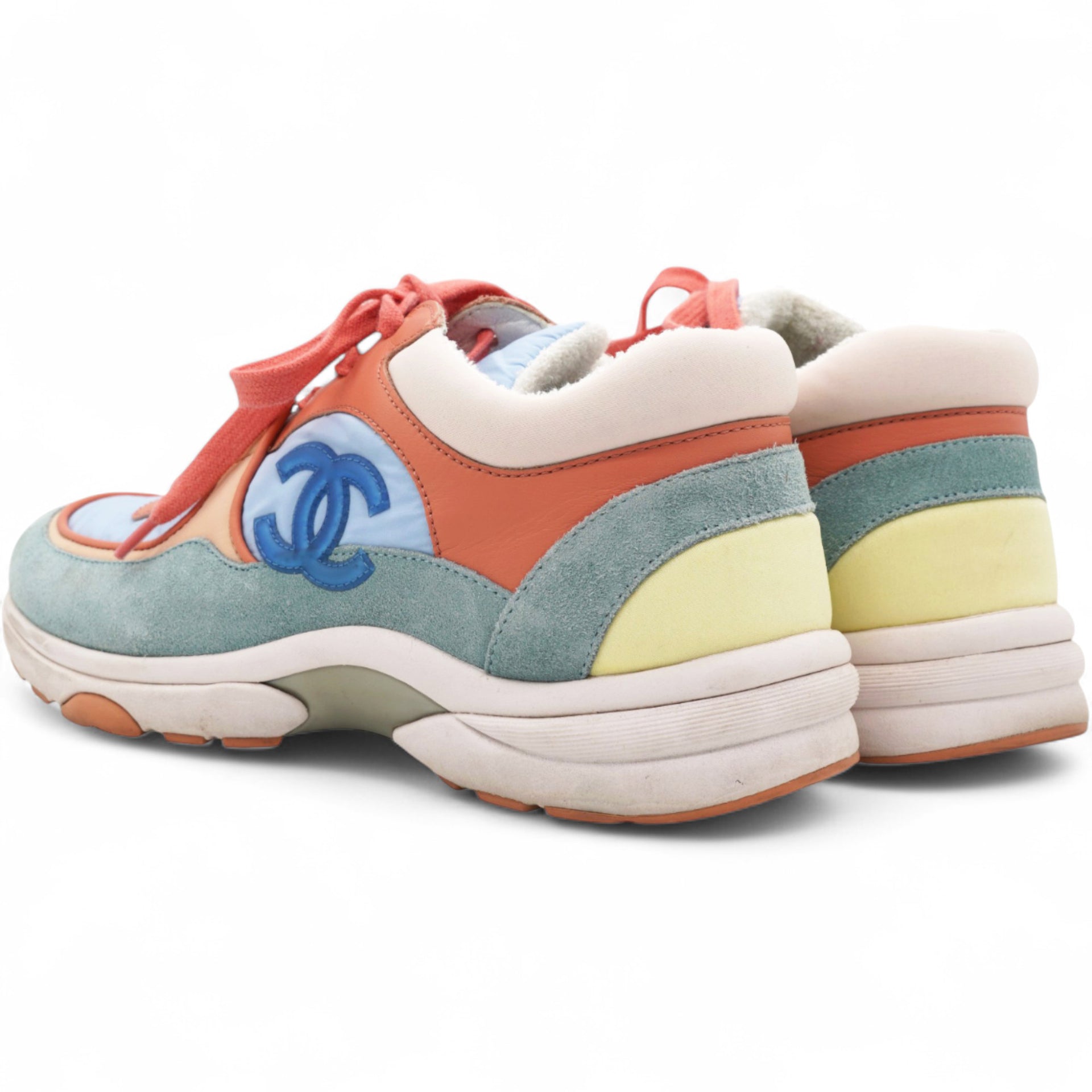 Chanel Nylon Lambskin Suede Leather CC Sneakers Coral Light Blue White Size37 