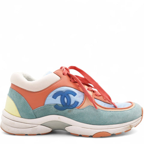 Chanel Nylon Lambskin Suede Leather CC Sneakers Coral Light Blue White Size37 