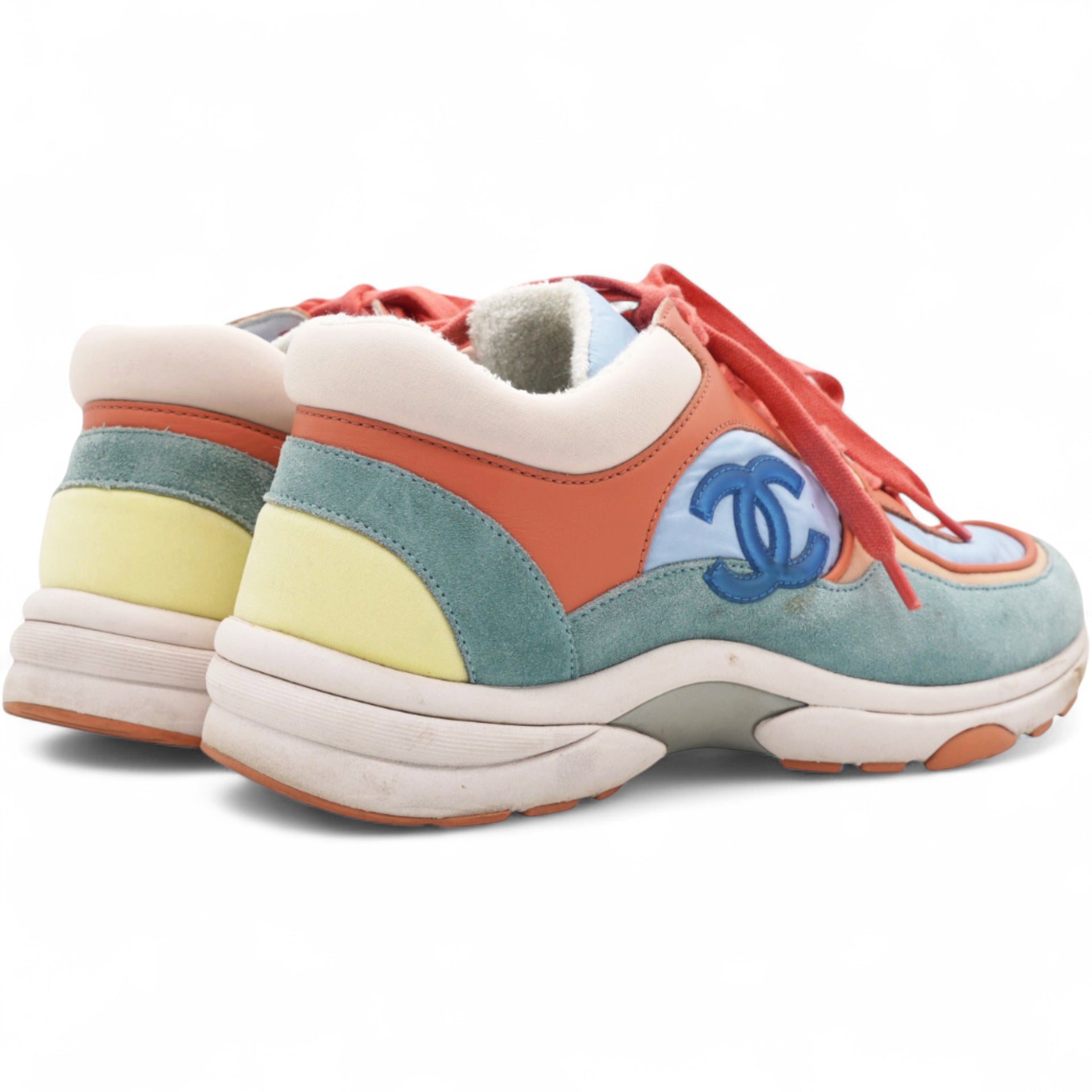 Chanel Nylon Lambskin Suede Leather CC Sneakers Coral Light Blue White Size37 