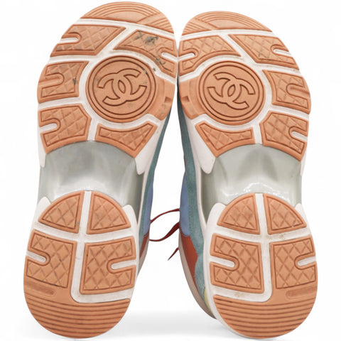 Chanel Nylon Lambskin Suede Leather CC Sneakers Coral Light Blue White Size37 