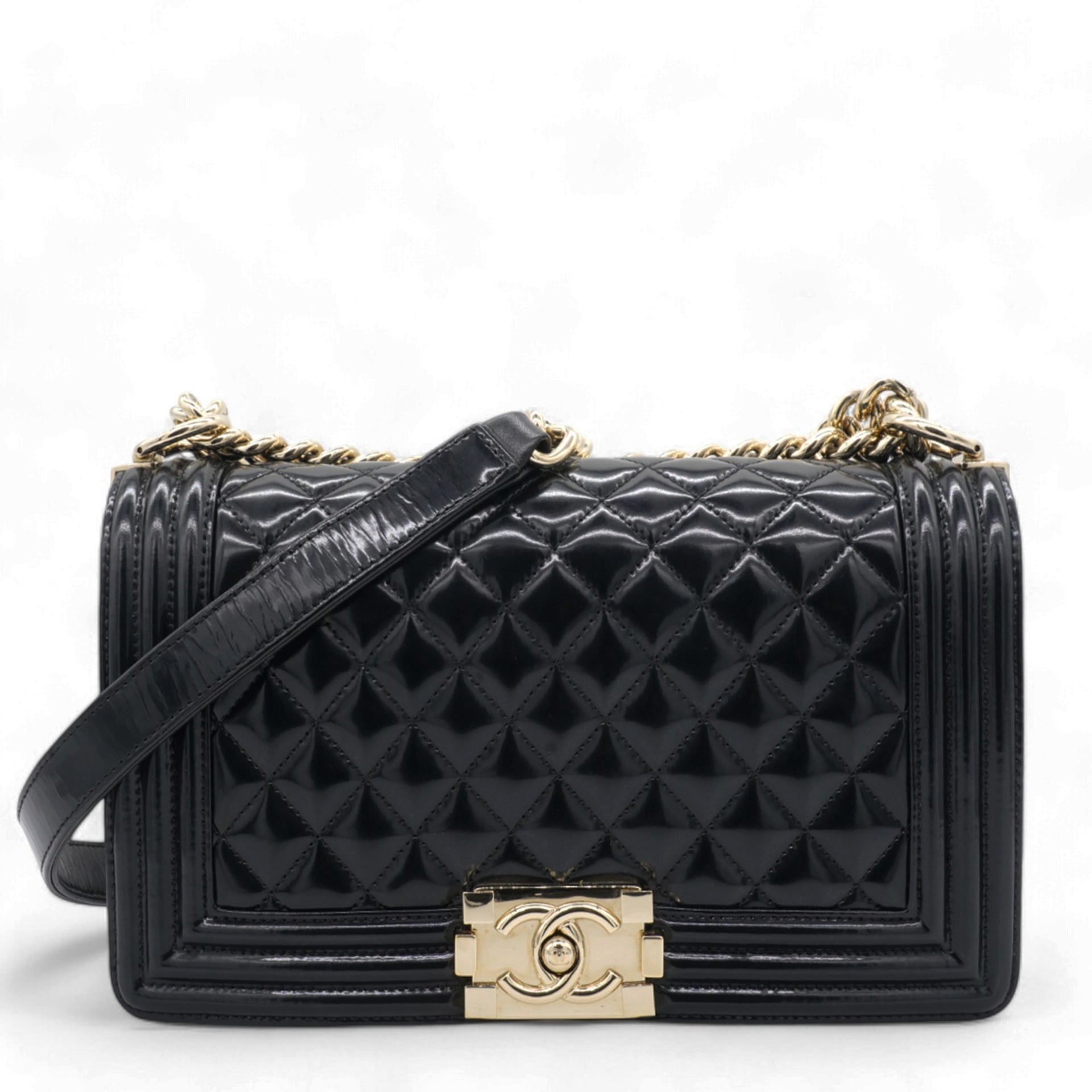  Chanel Patent Calfskin Quilted Medium Boy Flap Black