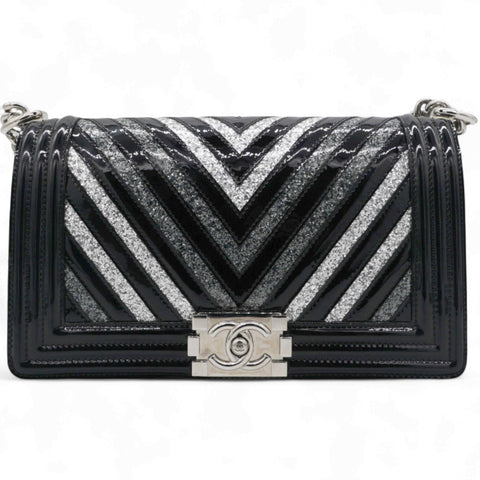 Chanel Patent Glitter PVC Chevron Quilted Medium Boy Flap Black Silver 