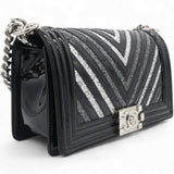 Chanel Patent Glitter PVC Chevron Quilted Medium Boy Flap Black Silver 