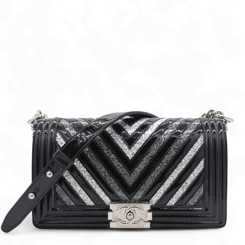 Chanel Patent Glitter PVC Chevron Quilted Medium Boy Flap Black Silver 