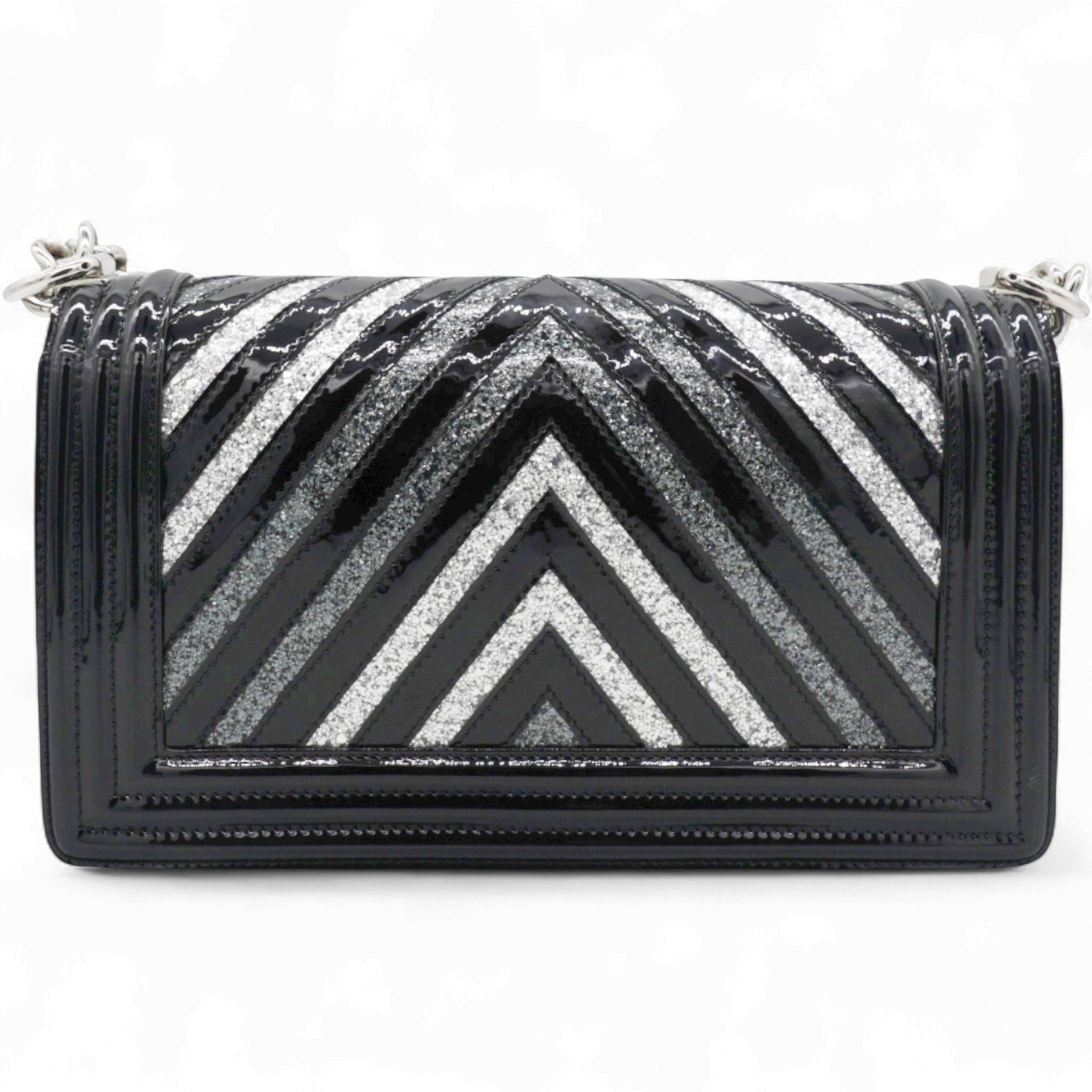 Chanel Patent Glitter PVC Chevron Quilted Medium Boy Flap Black Silver 