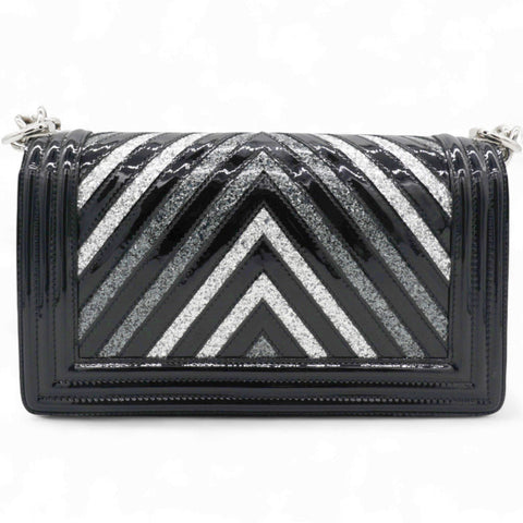 Chanel Patent Glitter PVC Chevron Quilted Medium Boy Flap Black Silver 