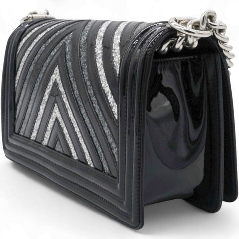 Chanel Patent Glitter PVC Chevron Quilted Medium Boy Flap Black Silver 