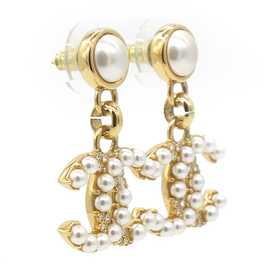 Chanel Pearl Crystal CC Drop Earrings Gold 