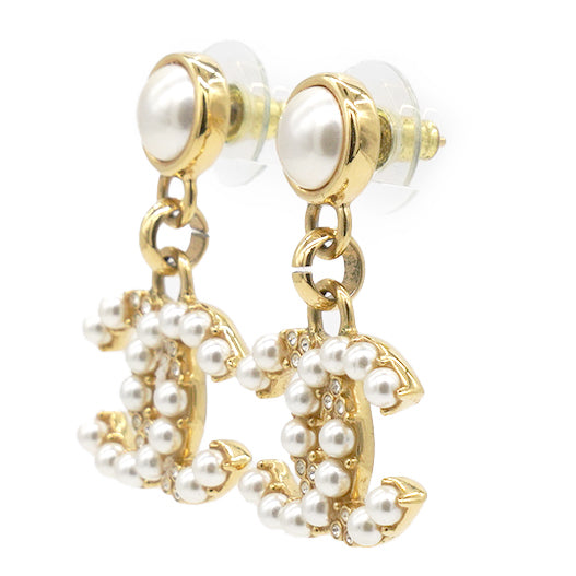 Chanel Pearl Crystal CC Drop Earrings Gold 