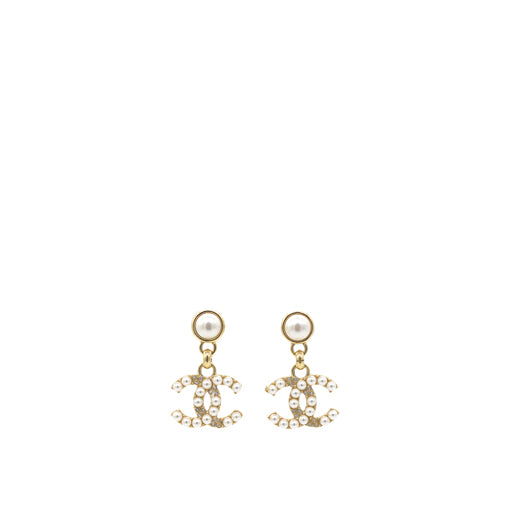 Chanel Pearl Crystal CC Drop Earrings Gold 