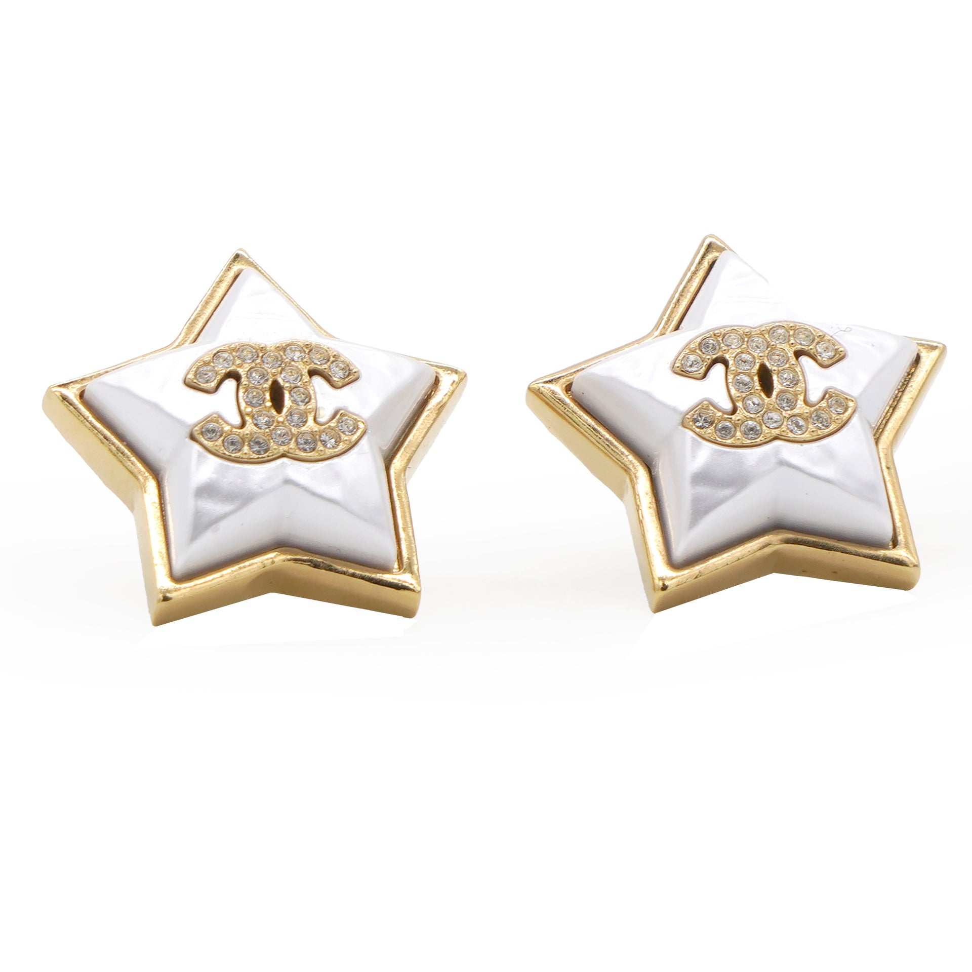 Chanel Pearl Crystal CC Star Earrings Gold 