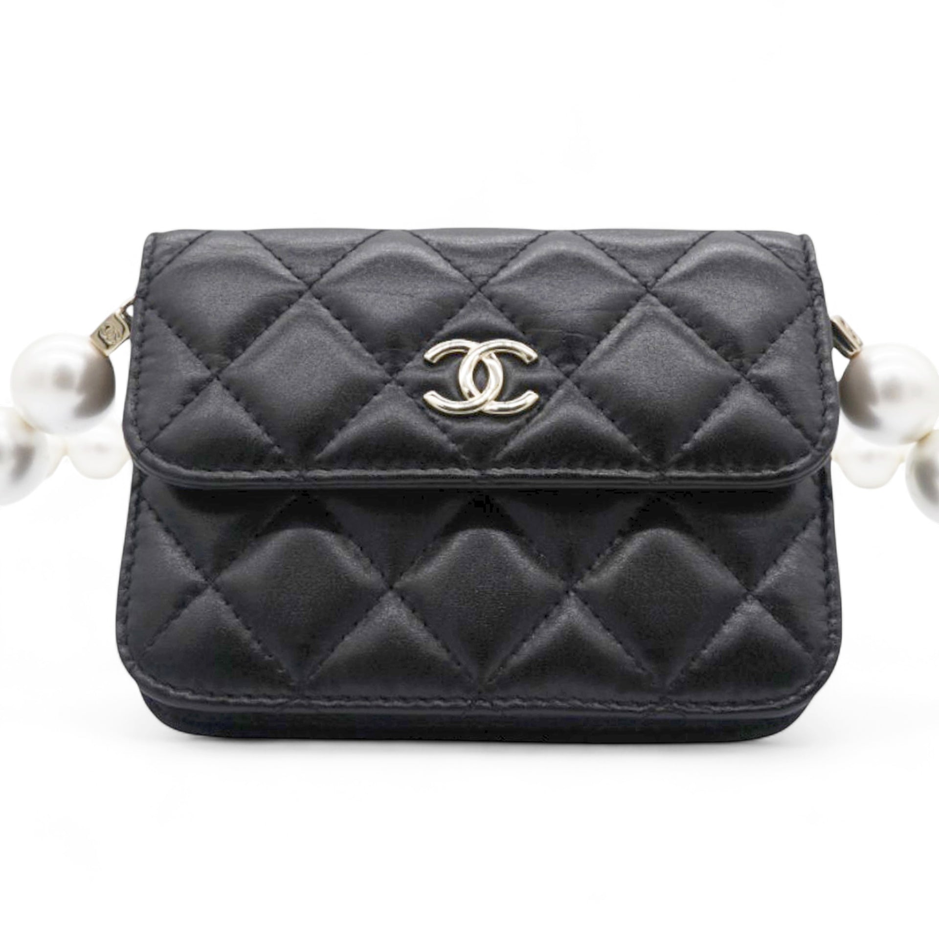 Chanel  Quilted Maxi Pearls Card Holder Flap With Chain Black 