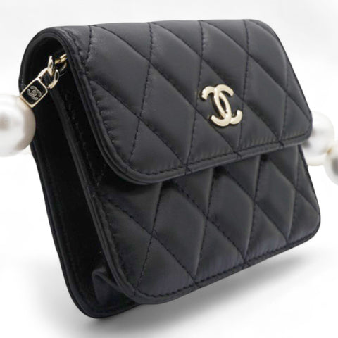 Chanel  Quilted Maxi Pearls Card Holder Flap With Chain Black 