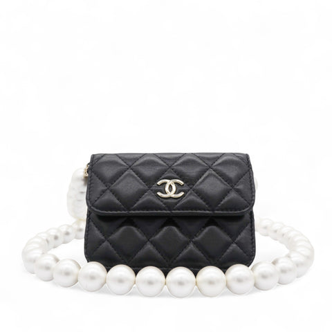 Chanel  Quilted Maxi Pearls Card Holder Flap With Chain Black 