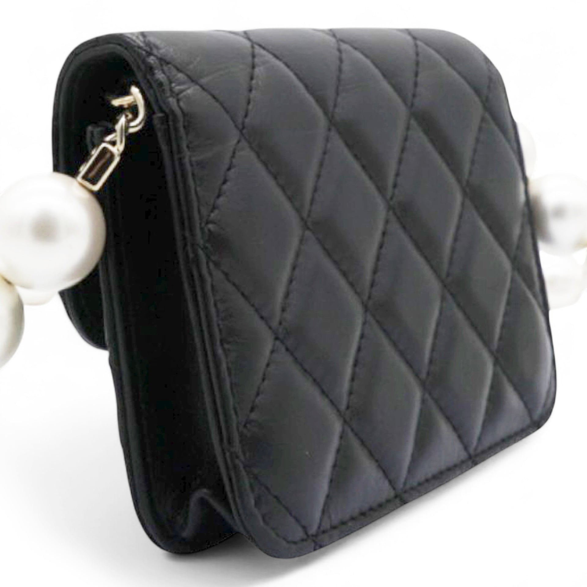 Chanel  Quilted Maxi Pearls Card Holder Flap With Chain Black 