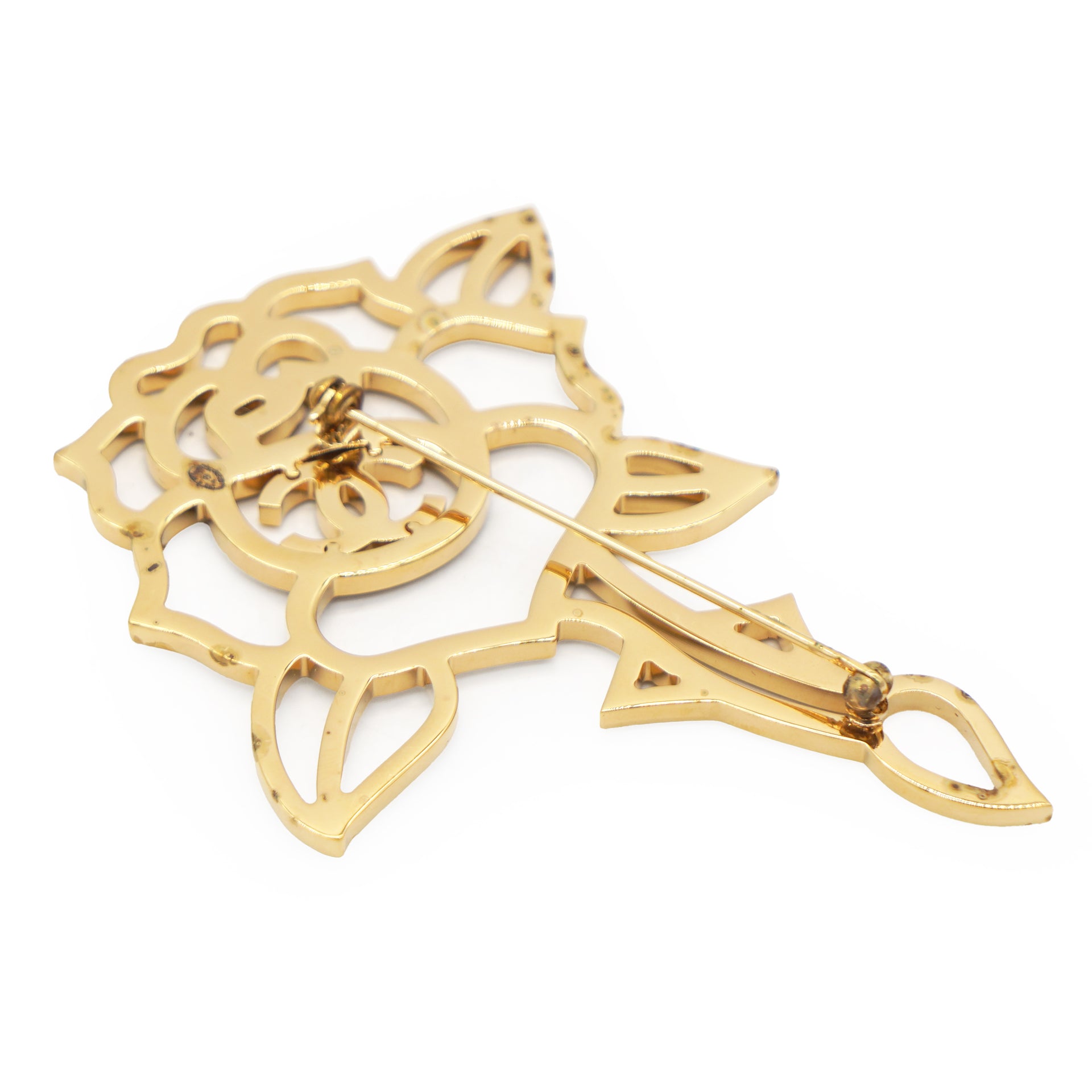 Chanel Rose Motif Crystal Brooch Gold 