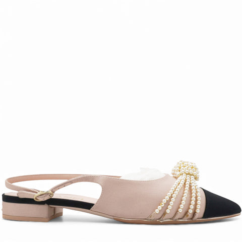 Chanel Satin Grosgrain Pearl Slingback Flats Pink/Black Size36.5