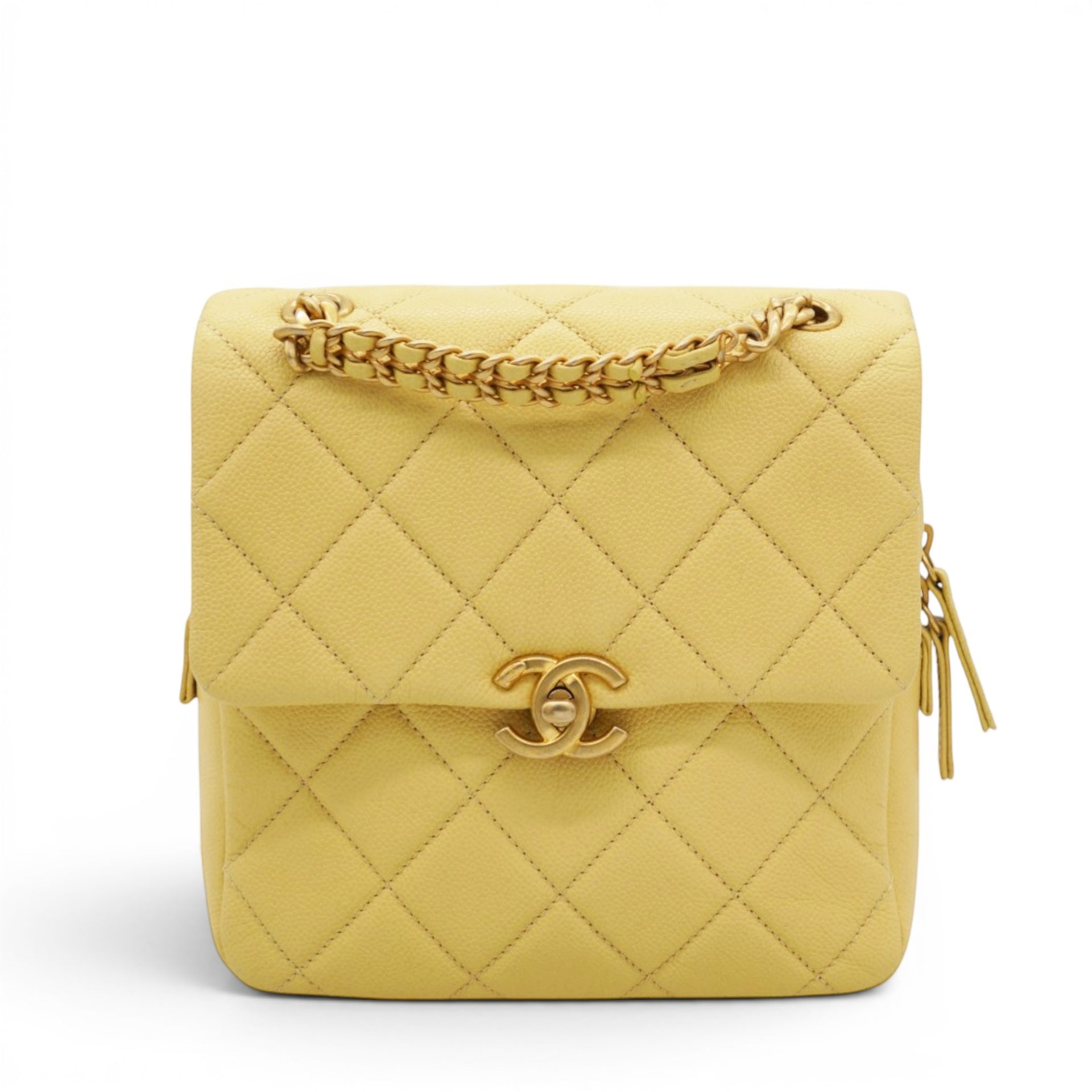 Chanel Shiny Caviar Quilted Chain Melody Backpack Yellow 